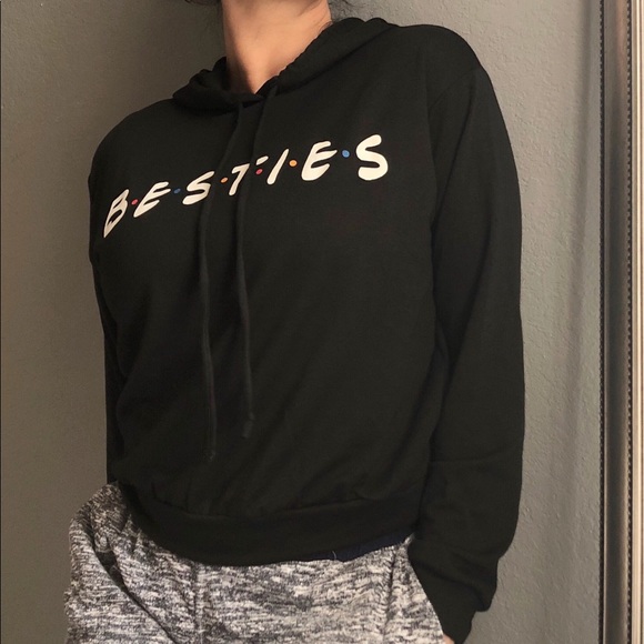 Long Sleeve Hooded "Besties" Print Black Sweater - Picture 5 of 5